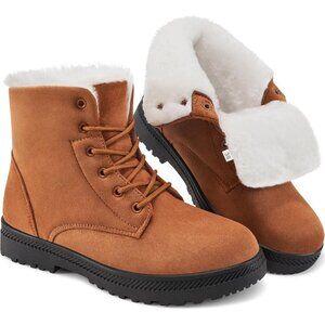 Women’s Brown Warm Fur Lined Ankle Booties Lace Up Slip-On Outdoor Boots